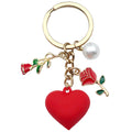 Red Rose Heart and Faux Pearl Charm Keychain with Round Ring view 5