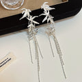 Gold and Silver Bamboo Leaf Long Chain Tassel Stud Earrings view 4