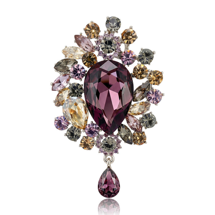 Crystal Halo Brooch with Teardrop Dangle in Three Colors