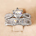 Round Solitaire And Baguette Band Two-Ring Set In Silver Tone view 3
