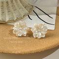White Pearl Camellia Flower Stud Earrings Layered Petals view 4