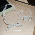 White Faux Pearl Beaded Bow Choker Necklace and Bracelet view 4