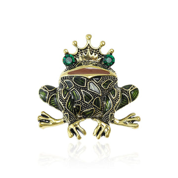 Crowned Green Mosaic Frog Brooch With Emerald Crystal Eyes