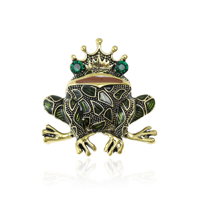 Crowned Green Mosaic Frog Brooch With Emerald Crystal Eyes