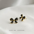 Gold Black Pave Bow Stud Earrings Rhinestone Full Set view 4