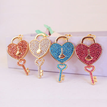 Rhinestone Heart Lock and Key Metal Keychain in Four Colors