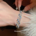 Silver Triple Row Open Cuff Bangle Blue Clear Stones view 3