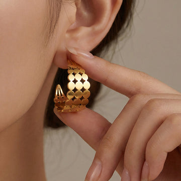 Linked Disc C Hoop Earrings in Polished Gold and Silver Tone