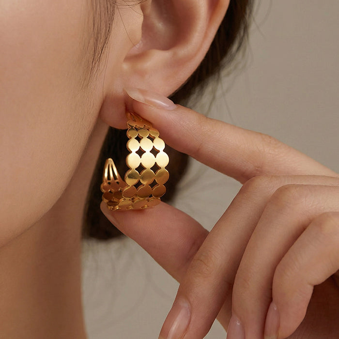 Linked Disc C Hoop Earrings in Polished Gold and Silver Tone
