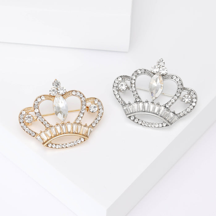 Openwork Crystal Crown Brooch in Gold or Silver Tone