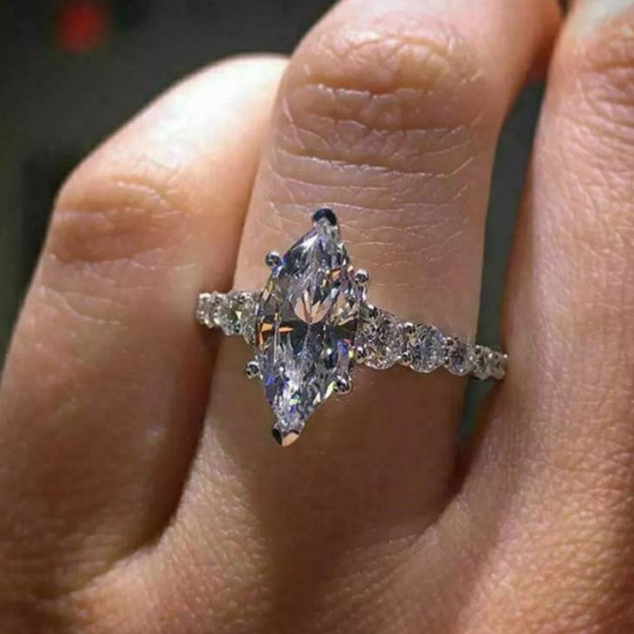 Silver Large Marquise CZ Side-Stone Finger Ring 6-10