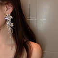 Silver Floral Double Ring Crystal Tassel Statement Earrings view 3