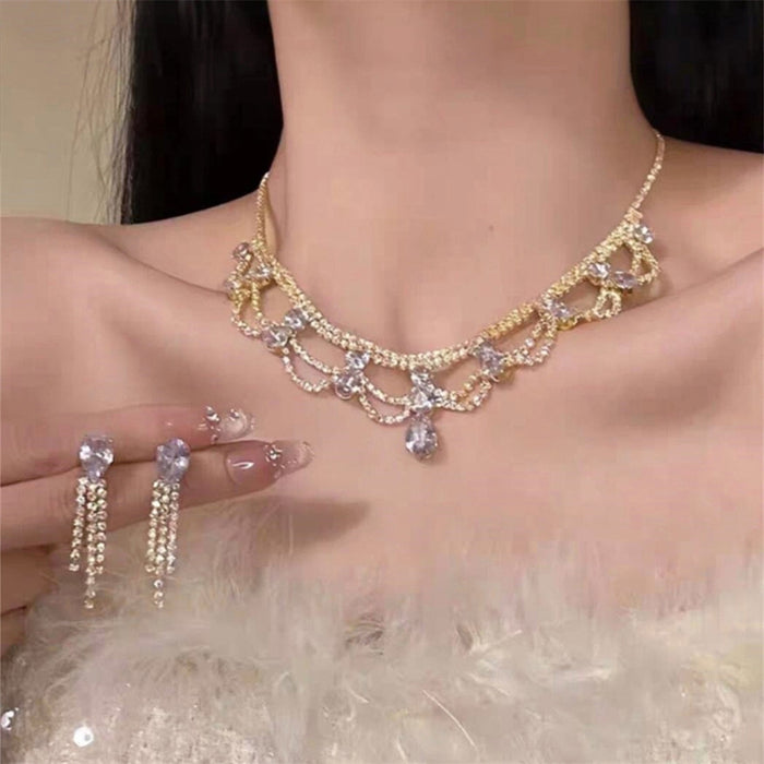 Gold Rhinestone Lace Drop Necklace Earring Jewelry Set