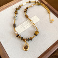 Gold Beaded Necklace Brown Stone Teardrop Pendant Style view 6