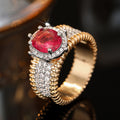 Oval Solitaire Halo Multi-Row Wide Ring In Red Or Clear Gold Tone view 2