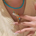 Gold Enamel Prayer Wheel Pendant Turquoise Bead Necklace view 2