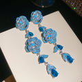 Silver Tone Blue Crystal Rose Statement Drop Earrings view 6