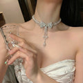 Silver Tone Crystal Bow and Pearl Fringe Collar Necklace view 4