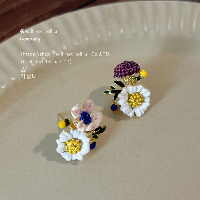 White Daisy Purple Berry And Multicolor Flower Asymmetric Stud Earrings