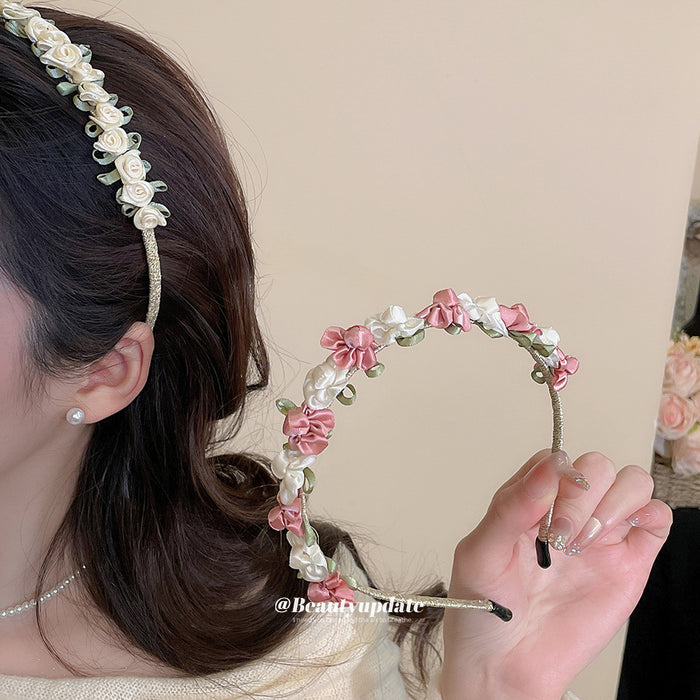 Satin Rose Flower Headbands Gold Wrapped Band Two Styles
