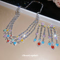Silver Multicolor Heart Crystal Necklace Tassel Earrings view 3