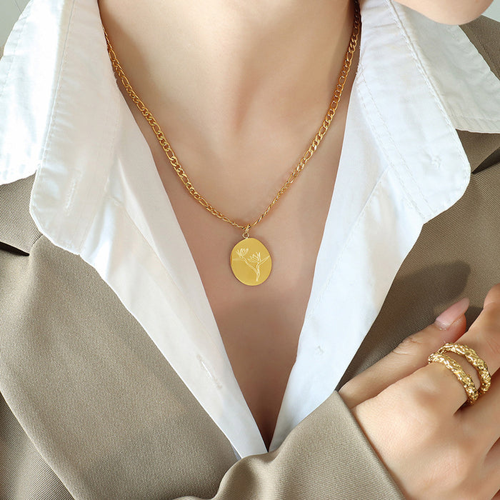 Gold Oval Disc Engraved Flower Pendant Curb Chain Necklace