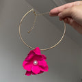 Gold Tone Collar Necklace With Layered Fuchsia Fabric Flower view 2