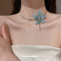 Ice Blue Fabric Mesh Flower Necklace Silver Snake Chain view 3