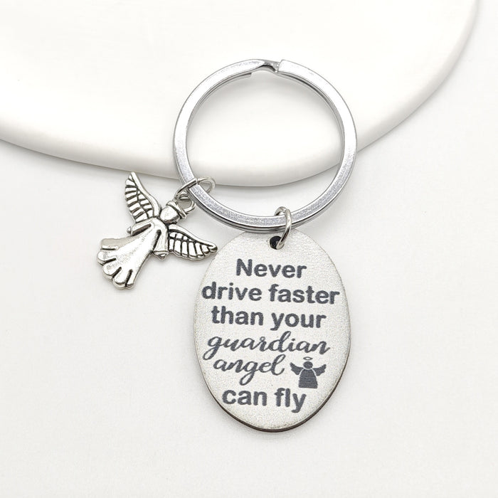 Silver Guardian Angel Keychain Drive Faster Message Tag