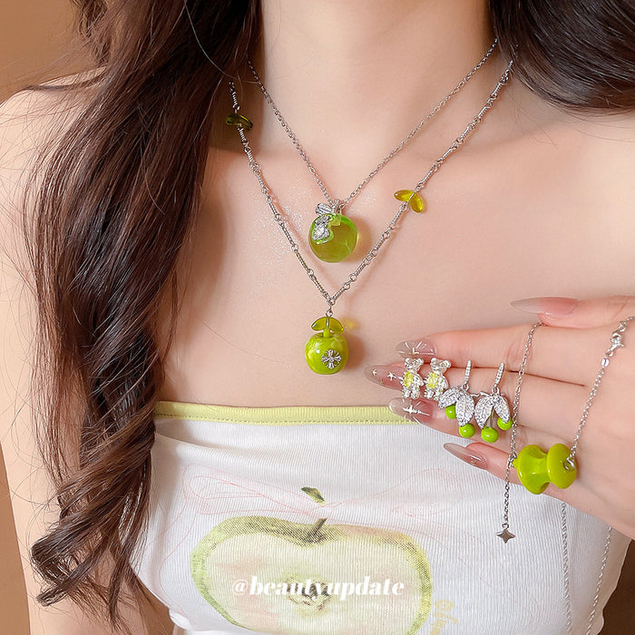 Green Apple Pendant Necklaces Bear Leaf Stud Earrings