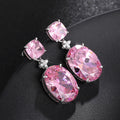Pink Oval and Square Crystal Drop Earrings in Silver Tone view 3