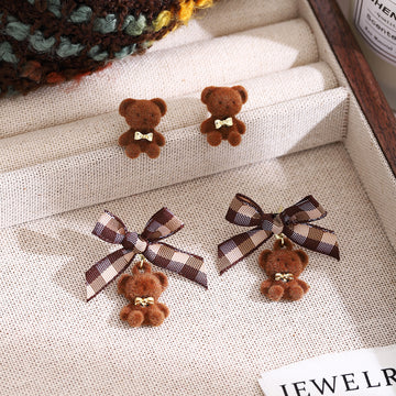 Plaid Bow Teddy Bear Dangle and Teddy Bear Stud Earrings