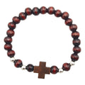 Dark Wood Bead Stretch Bracelet Brown Cross Silver Beads view 5