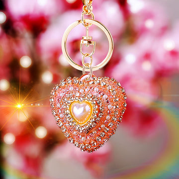 Pearl Center Crystal Heart Keychains with Straps and Plain Options