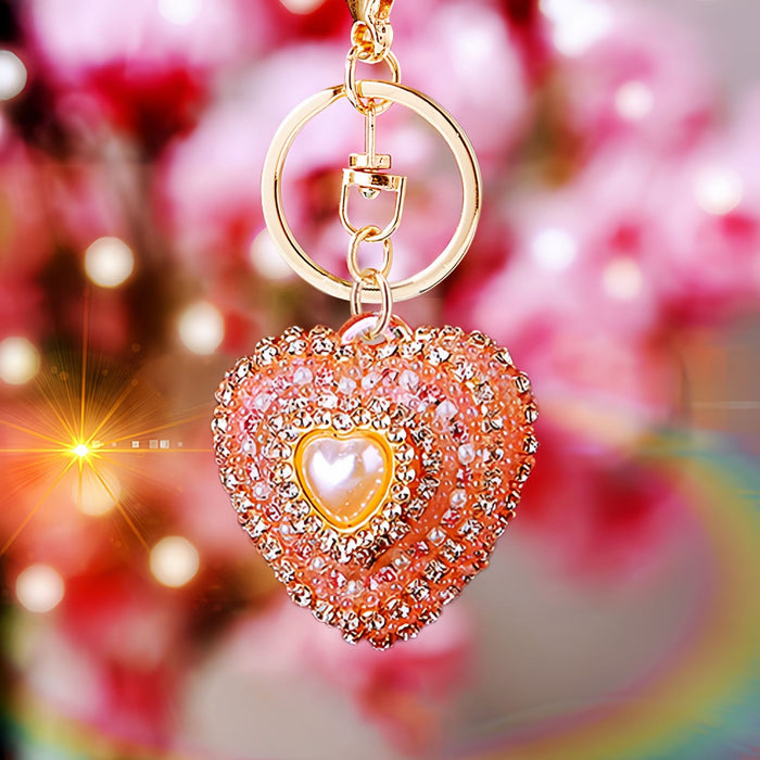 Pearl Center Crystal Heart Keychains with Straps and Plain Options