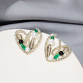 Gold Heart Frame Pearl Crystal Stud Earrings Green Accents view 2