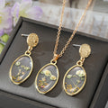 Gold Tone Oval Pressed Flower Necklace and Earring Sets view 3