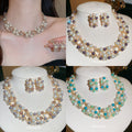 Gold Multi Row Pearl Crystal Necklace Stud Earring Three Sets view 1