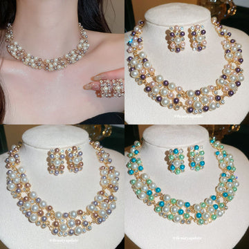 Gold Multi Row Pearl Crystal Necklace Stud Earring Three Sets