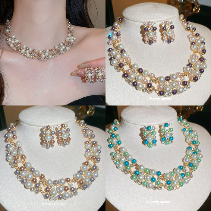Gold Multi Row Pearl Crystal Necklace Stud Earring Three Sets