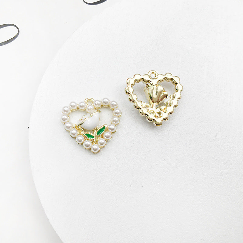 Zinc Alloy Pearl Heart Rose Charm Pendant for DIY Keychain Necklace Earrings