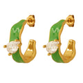 Green Enamel Mini Hoop Earrings With Clear Teardrop Zircon view 5