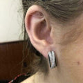 Silver Tone Black and Clear Crystal Crossover Hoop Earrings view 3