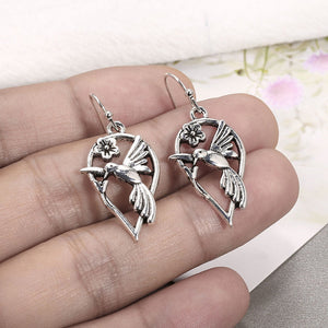Antique Silver-Tone Hummingbird and Flower Openwork Hook Earrings