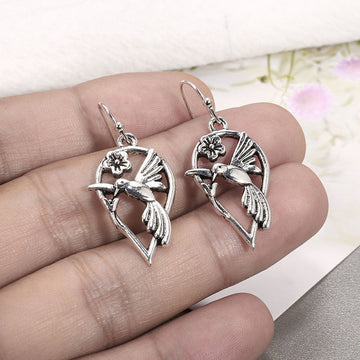 Antique Silver Tone Hummingbird and Leaf Hook Earrings