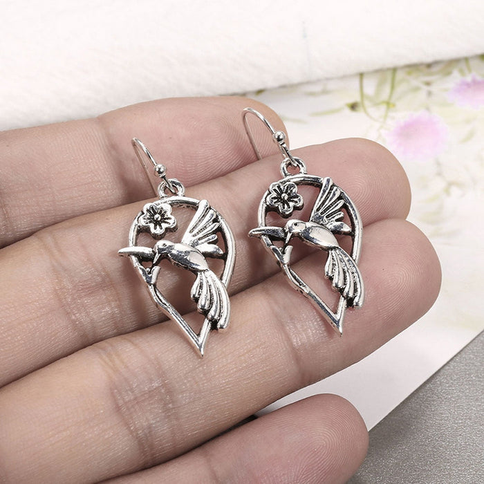 Antique Silver Tone Hummingbird and Leaf Hook Earrings