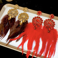 Crystal Floral Feather Drop Earrings in Brown and Red view 1