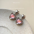 Silver Tone Pink Pearlescent Heart Double Frame Drop Stud Earrings view 4
