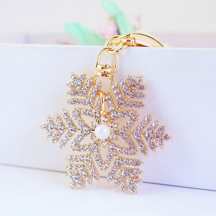 Christmas Rhinestone Faux Pearl Keychain Metal Bag Charm for Women