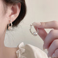 Silver Tone Cube and White Pearl Open Hoop Stud Earrings view 1